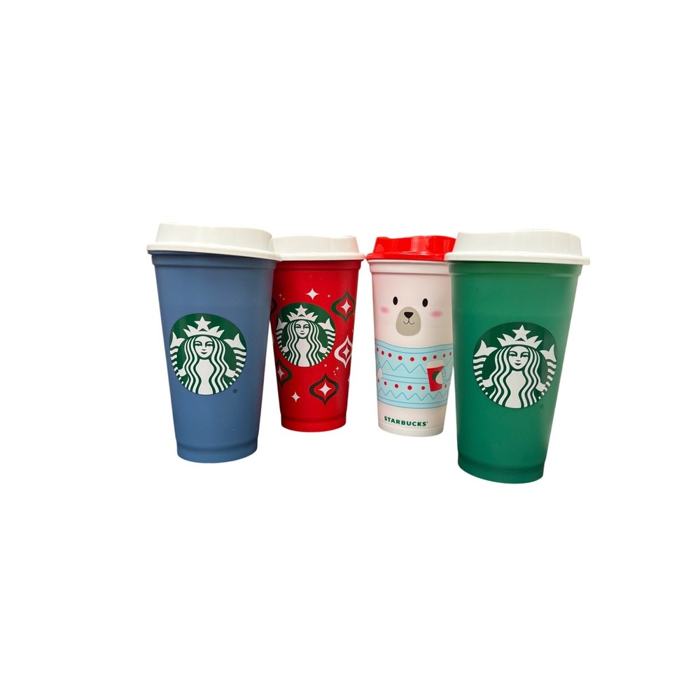 Set of 4 Starbucks To-Go Cups w/ Lids - 2 Holiday - 2 Color Changing 16oz